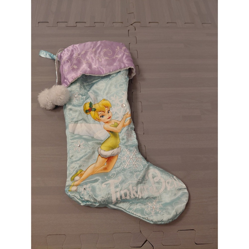 Disney Tinker Bell Christmas Stocking Blue Satin Snowflake Pom Poms Holiday